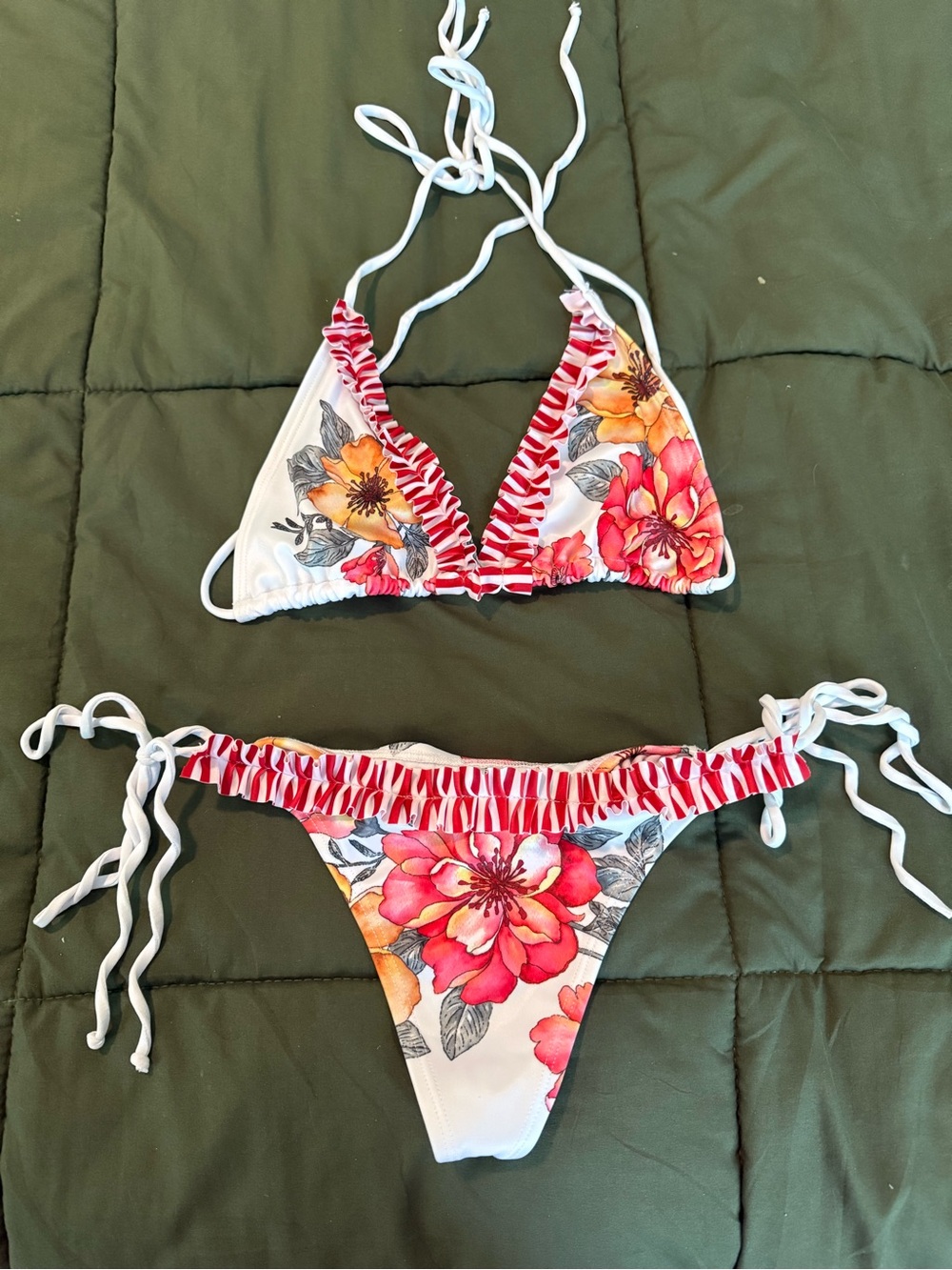 Floral Ruffle-Trim Triangle Bikini - White with Pink red & Orange Flowers